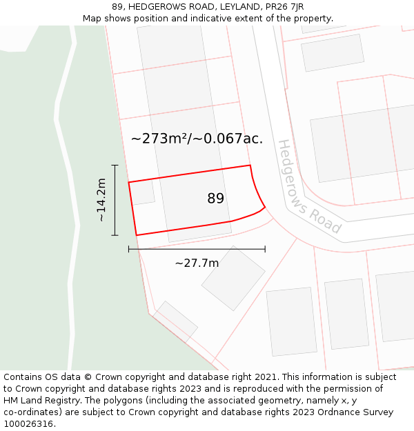 89, HEDGEROWS ROAD, LEYLAND, PR26 7JR: Plot and title map