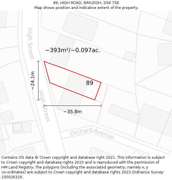 89, HIGH ROAD, RAYLEIGH, SS6 7SE: Plot and title map
