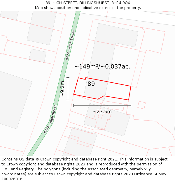 89, HIGH STREET, BILLINGSHURST, RH14 9QX: Plot and title map