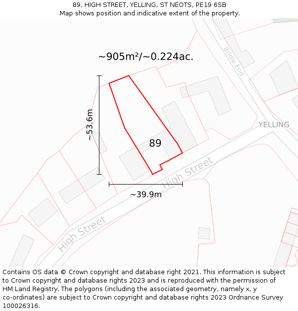 89, HIGH STREET, YELLING, ST NEOTS, PE19 6SB: Plot and title map