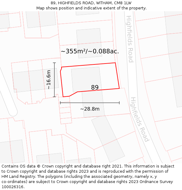 89, HIGHFIELDS ROAD, WITHAM, CM8 1LW: Plot and title map