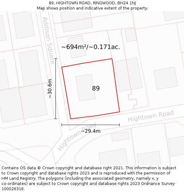 89, HIGHTOWN ROAD, RINGWOOD, BH24 1NJ: Plot and title map