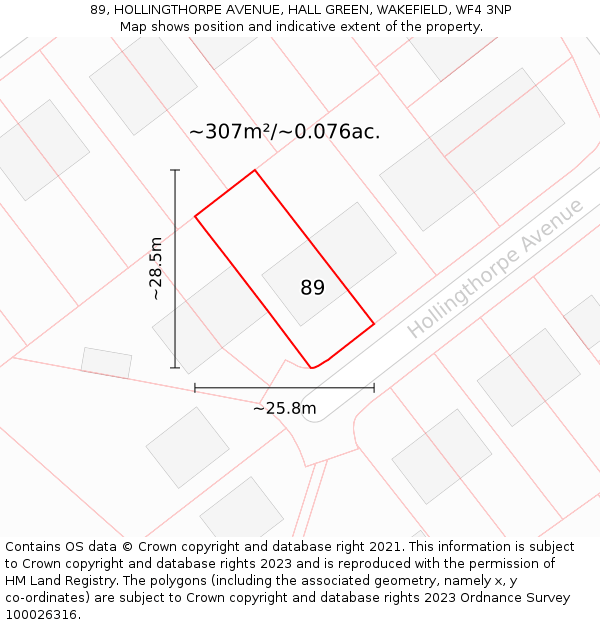 89, HOLLINGTHORPE AVENUE, HALL GREEN, WAKEFIELD, WF4 3NP: Plot and title map