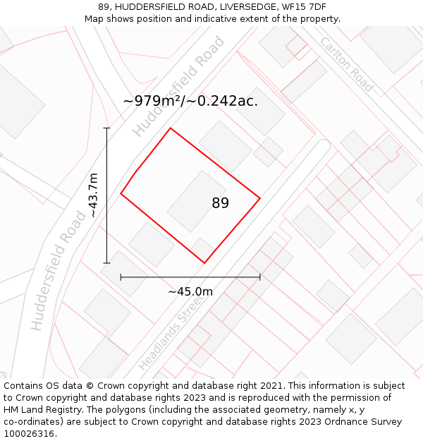 89, HUDDERSFIELD ROAD, LIVERSEDGE, WF15 7DF: Plot and title map