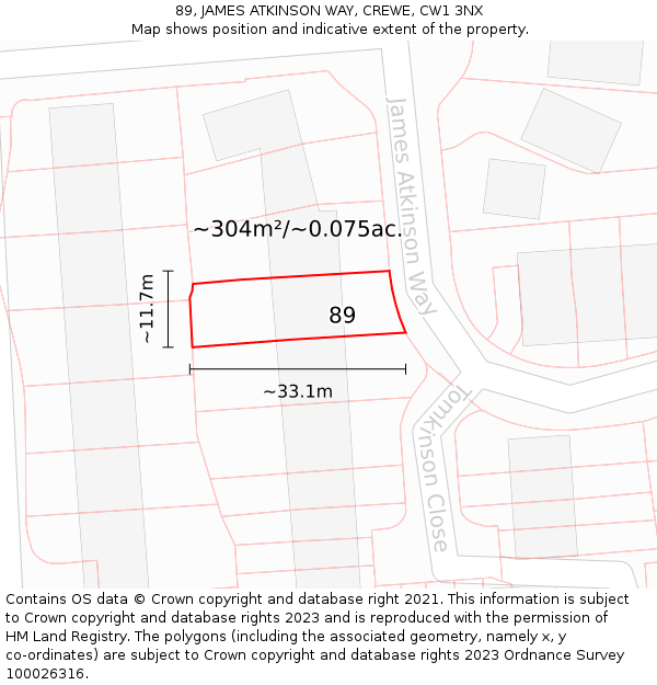 89, JAMES ATKINSON WAY, CREWE, CW1 3NX: Plot and title map