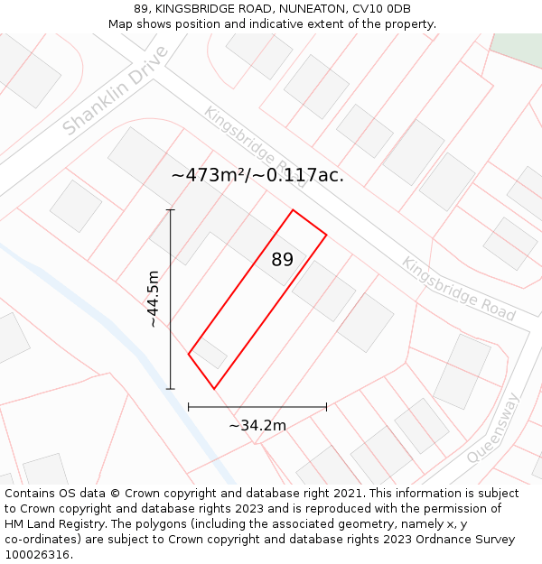 89, KINGSBRIDGE ROAD, NUNEATON, CV10 0DB: Plot and title map