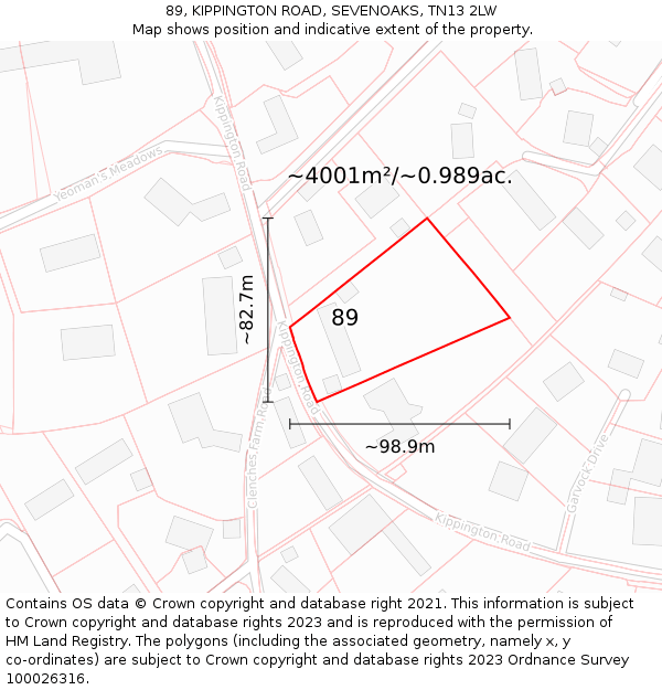 89, KIPPINGTON ROAD, SEVENOAKS, TN13 2LW: Plot and title map