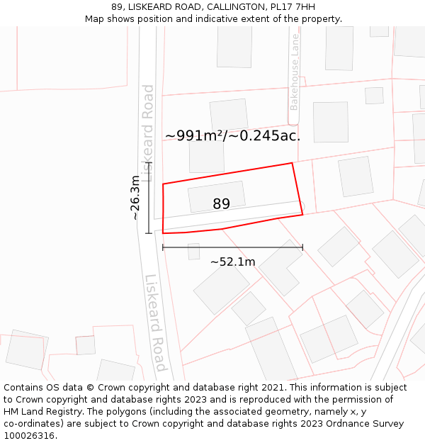 89, LISKEARD ROAD, CALLINGTON, PL17 7HH: Plot and title map