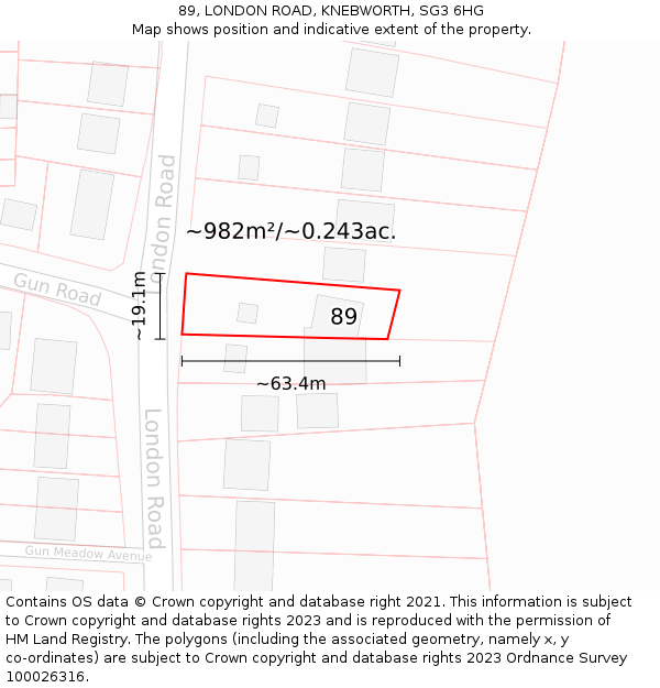 89, LONDON ROAD, KNEBWORTH, SG3 6HG: Plot and title map