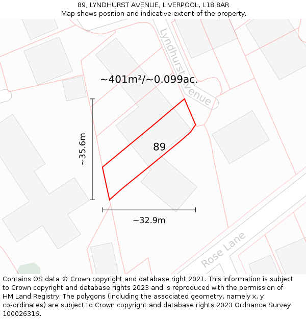 89, LYNDHURST AVENUE, LIVERPOOL, L18 8AR: Plot and title map