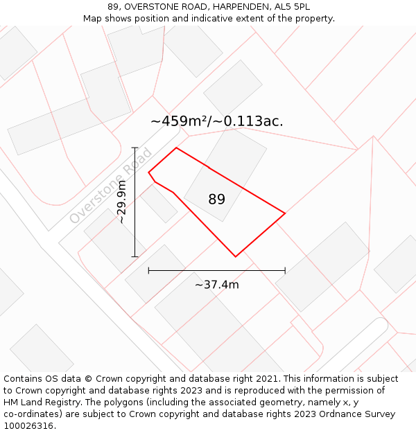 89, OVERSTONE ROAD, HARPENDEN, AL5 5PL: Plot and title map