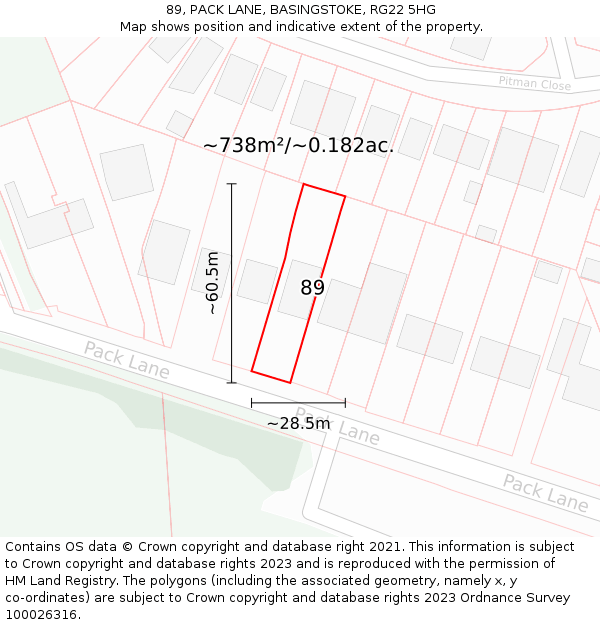 89, PACK LANE, BASINGSTOKE, RG22 5HG: Plot and title map