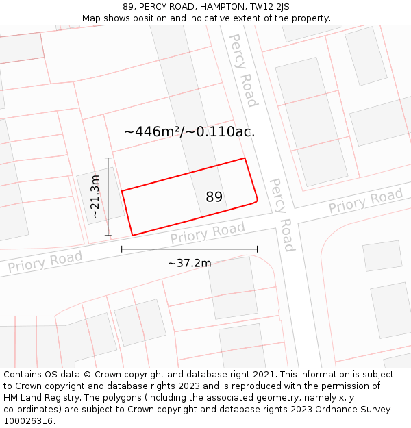 89, PERCY ROAD, HAMPTON, TW12 2JS: Plot and title map