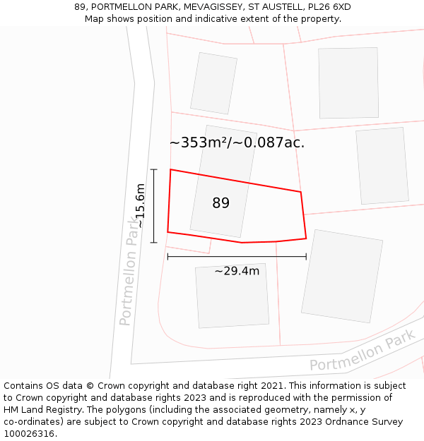 89, PORTMELLON PARK, MEVAGISSEY, ST AUSTELL, PL26 6XD: Plot and title map