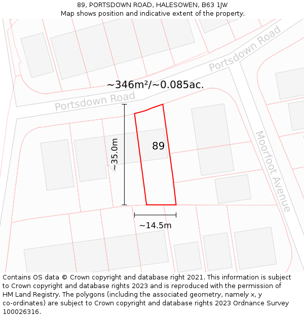 89, PORTSDOWN ROAD, HALESOWEN, B63 1JW: Plot and title map