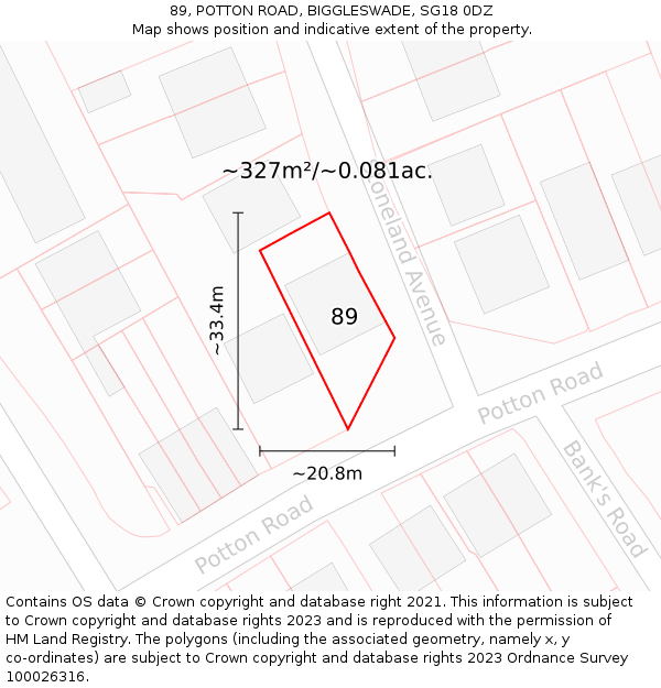 89, POTTON ROAD, BIGGLESWADE, SG18 0DZ: Plot and title map