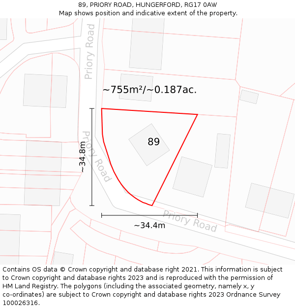89, PRIORY ROAD, HUNGERFORD, RG17 0AW: Plot and title map
