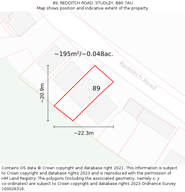 89, REDDITCH ROAD, STUDLEY, B80 7AU: Plot and title map