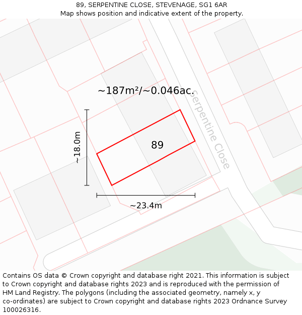 89, SERPENTINE CLOSE, STEVENAGE, SG1 6AR: Plot and title map