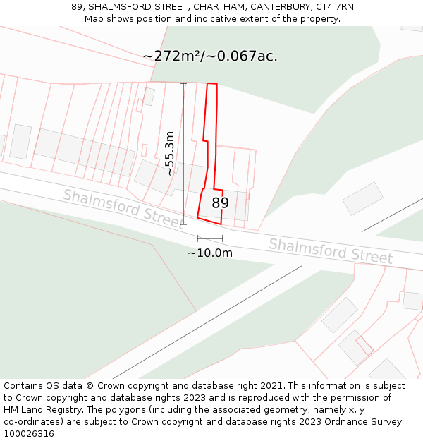 89, SHALMSFORD STREET, CHARTHAM, CANTERBURY, CT4 7RN: Plot and title map