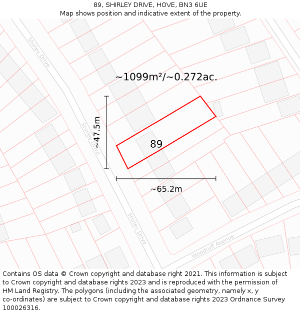 89, SHIRLEY DRIVE, HOVE, BN3 6UE: Plot and title map