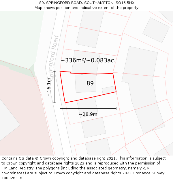 89, SPRINGFORD ROAD, SOUTHAMPTON, SO16 5HX: Plot and title map