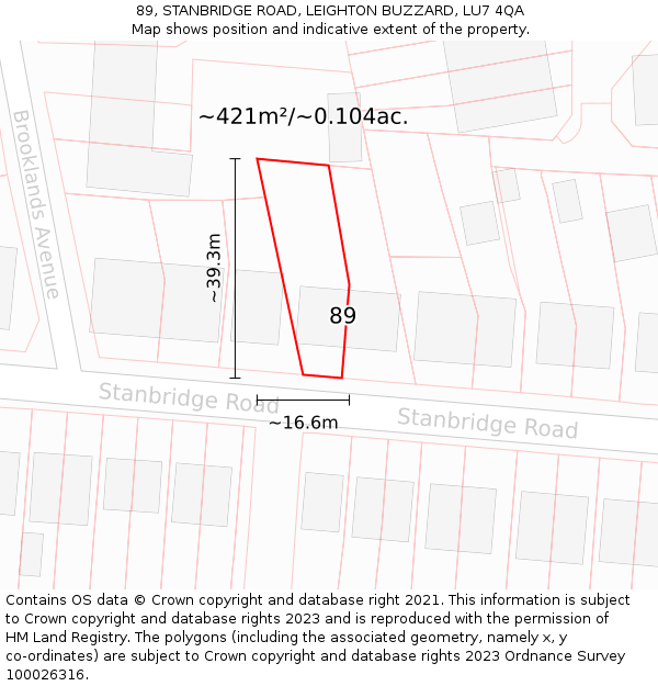 89, STANBRIDGE ROAD, LEIGHTON BUZZARD, LU7 4QA: Plot and title map