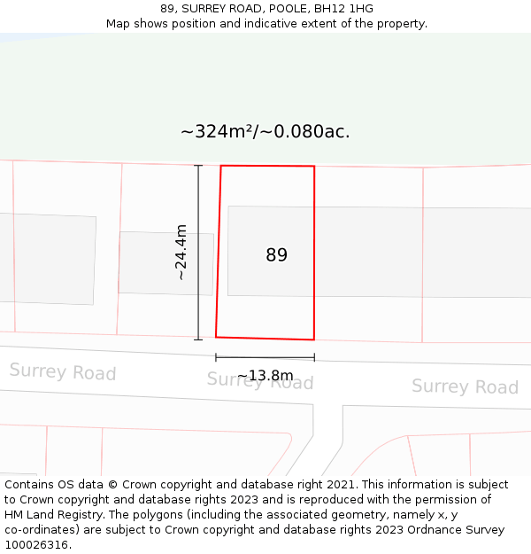 89, SURREY ROAD, POOLE, BH12 1HG: Plot and title map