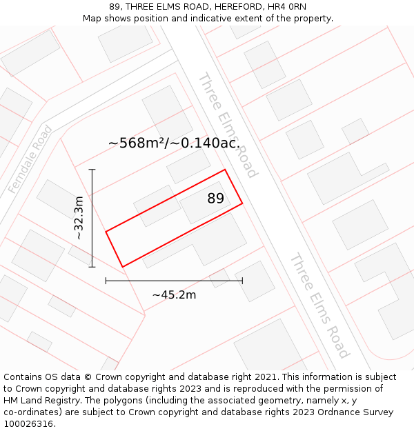 89, THREE ELMS ROAD, HEREFORD, HR4 0RN: Plot and title map