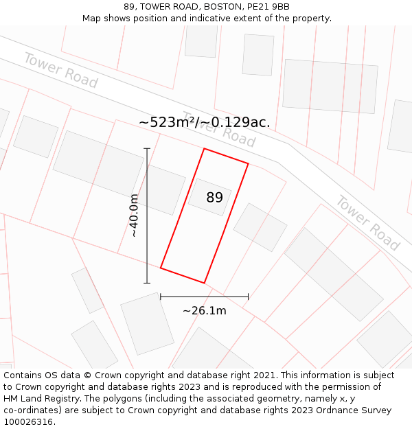89, TOWER ROAD, BOSTON, PE21 9BB: Plot and title map