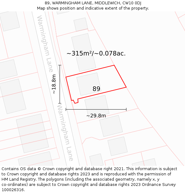 89, WARMINGHAM LANE, MIDDLEWICH, CW10 0DJ: Plot and title map