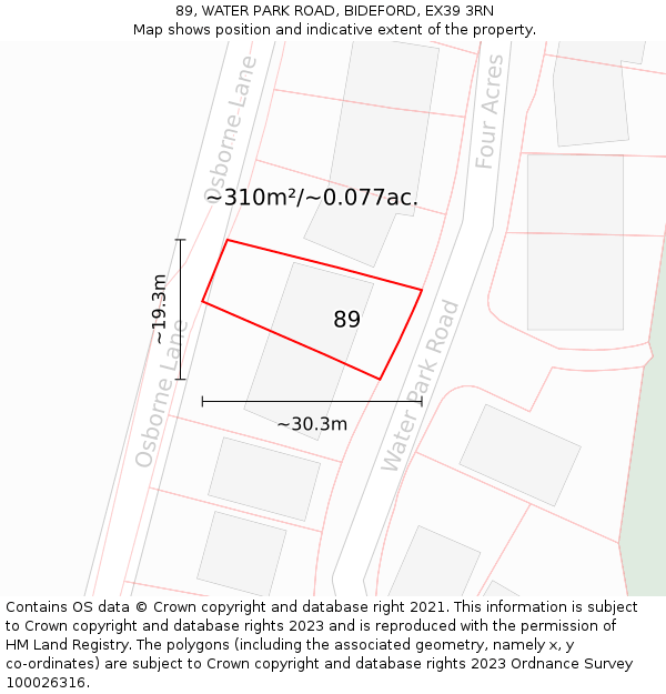 89, WATER PARK ROAD, BIDEFORD, EX39 3RN: Plot and title map