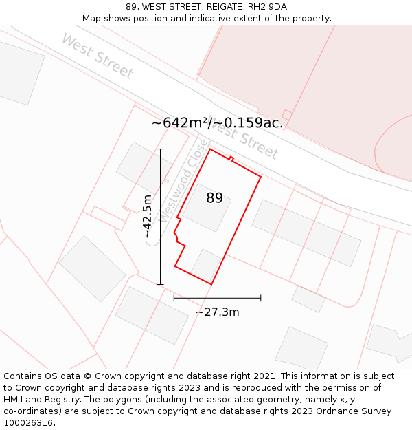 89, WEST STREET, REIGATE, RH2 9DA: Plot and title map