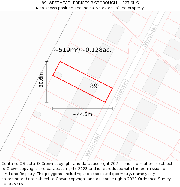 89, WESTMEAD, PRINCES RISBOROUGH, HP27 9HS: Plot and title map