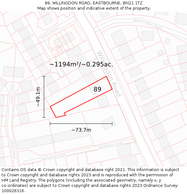 89, WILLINGDON ROAD, EASTBOURNE, BN21 1TZ: Plot and title map