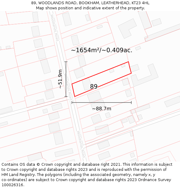 89, WOODLANDS ROAD, BOOKHAM, LEATHERHEAD, KT23 4HL: Plot and title map