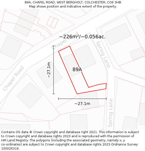 89A, CHAPEL ROAD, WEST BERGHOLT, COLCHESTER, CO6 3HB: Plot and title map