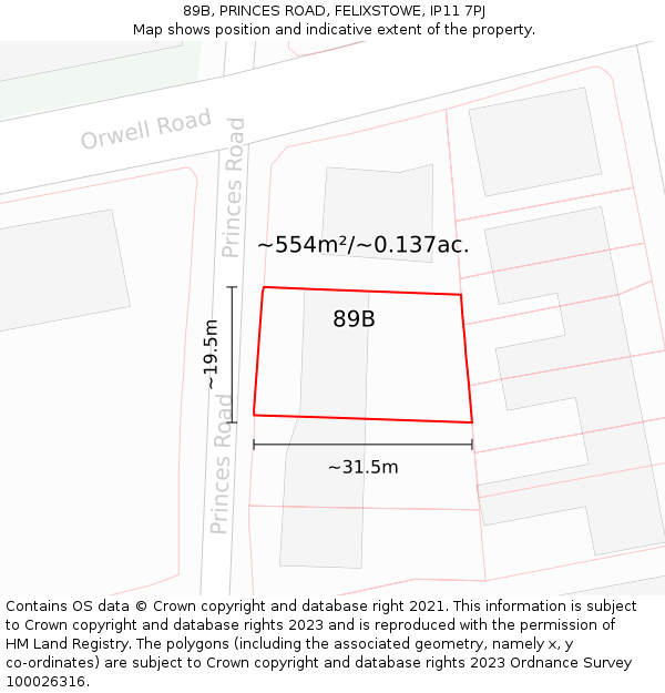 89B, PRINCES ROAD, FELIXSTOWE, IP11 7PJ: Plot and title map