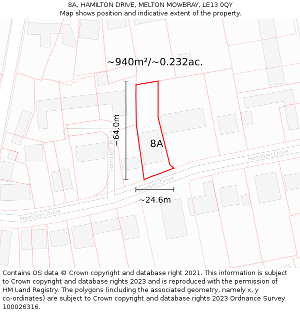 8A, HAMILTON DRIVE, MELTON MOWBRAY, LE13 0QY: Plot and title map