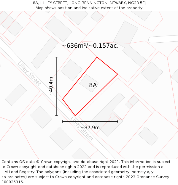 8A, LILLEY STREET, LONG BENNINGTON, NEWARK, NG23 5EJ: Plot and title map