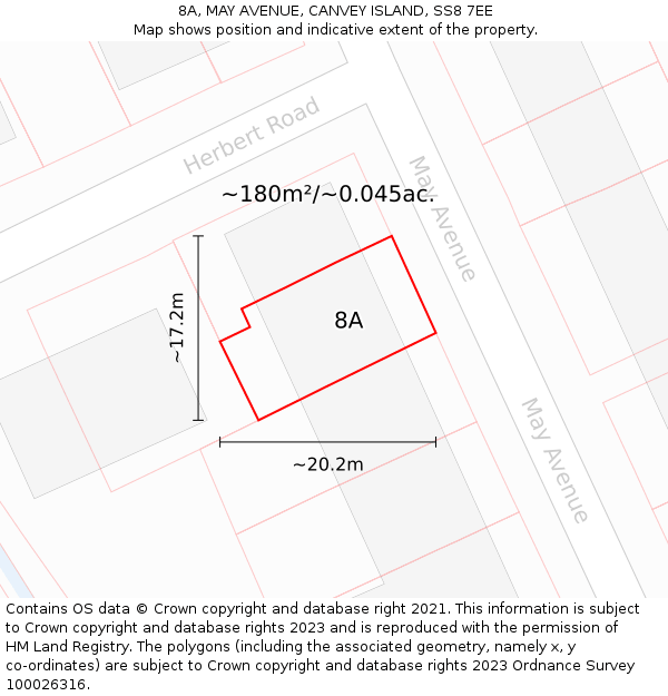 8A, MAY AVENUE, CANVEY ISLAND, SS8 7EE: Plot and title map