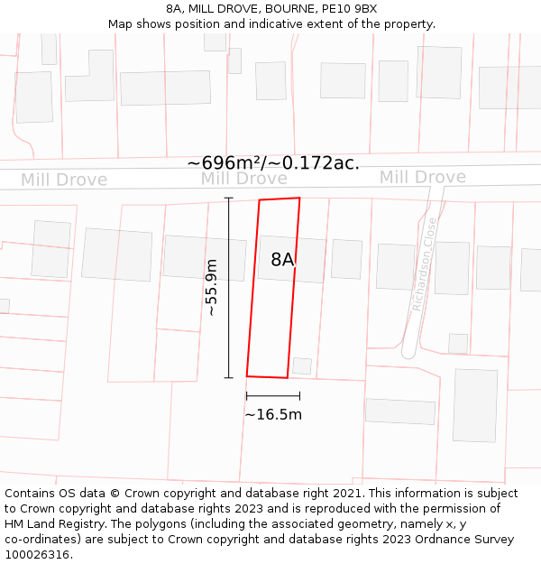 8A, MILL DROVE, BOURNE, PE10 9BX: Plot and title map