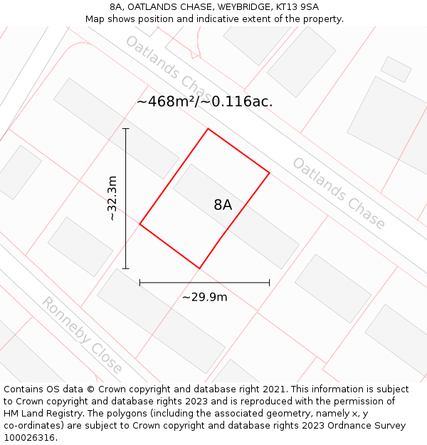 8A, OATLANDS CHASE, WEYBRIDGE, KT13 9SA: Plot and title map