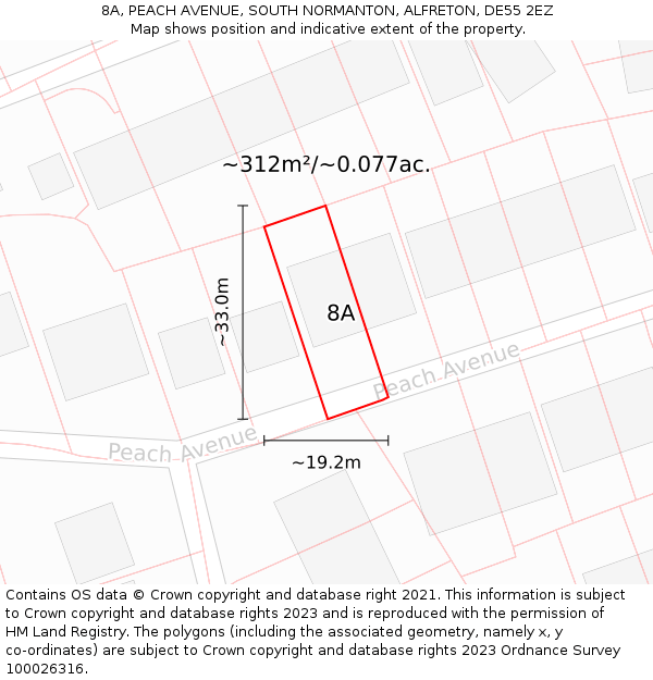 8A, PEACH AVENUE, SOUTH NORMANTON, ALFRETON, DE55 2EZ: Plot and title map