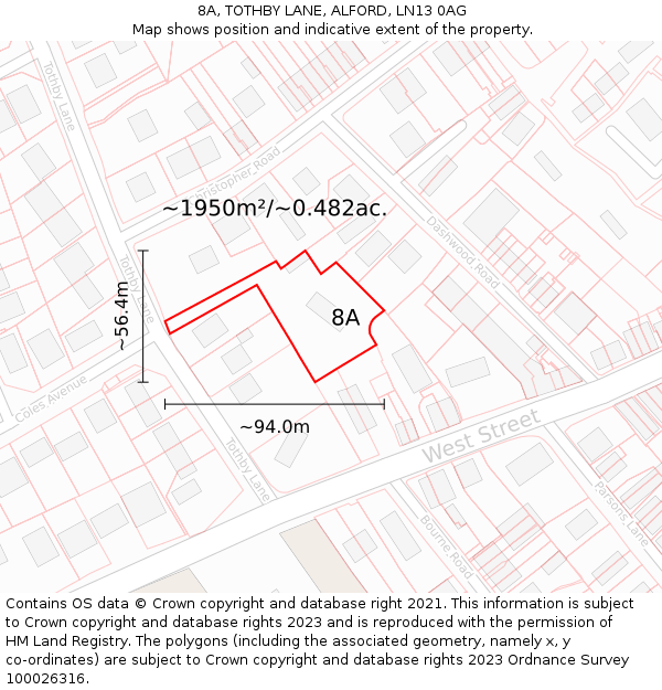 8A, TOTHBY LANE, ALFORD, LN13 0AG: Plot and title map