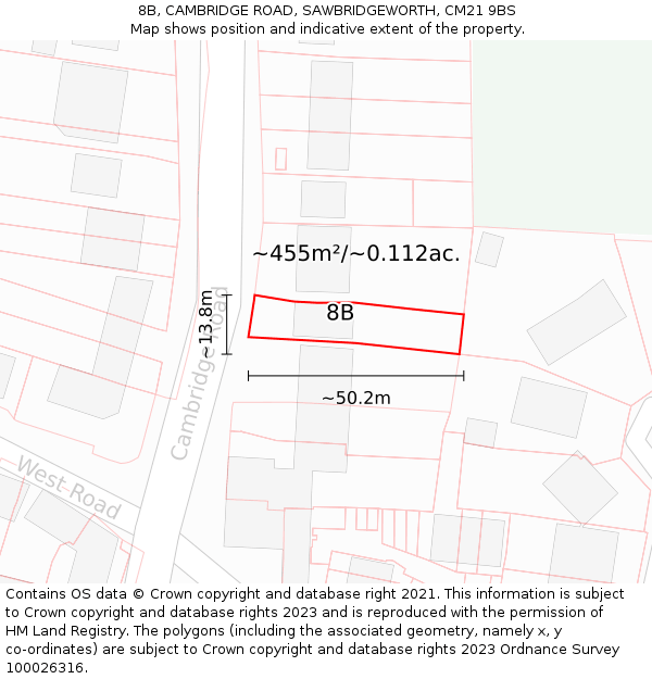 8B, CAMBRIDGE ROAD, SAWBRIDGEWORTH, CM21 9BS: Plot and title map