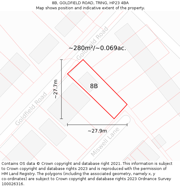 8B, GOLDFIELD ROAD, TRING, HP23 4BA: Plot and title map