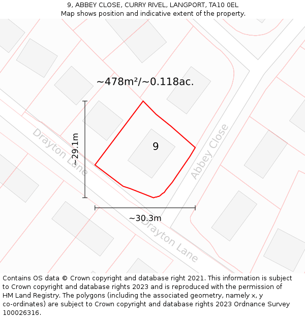 9, ABBEY CLOSE, CURRY RIVEL, LANGPORT, TA10 0EL: Plot and title map