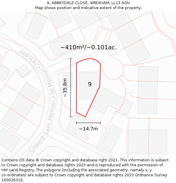 9, ABBEYDALE CLOSE, WREXHAM, LL13 9GN: Plot and title map