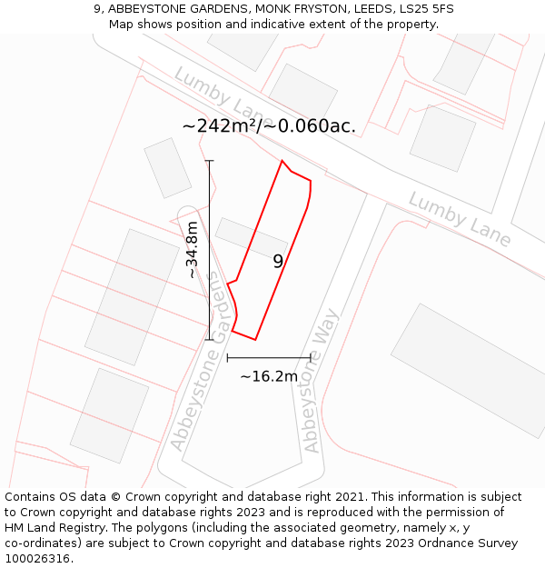 9, ABBEYSTONE GARDENS, MONK FRYSTON, LEEDS, LS25 5FS: Plot and title map